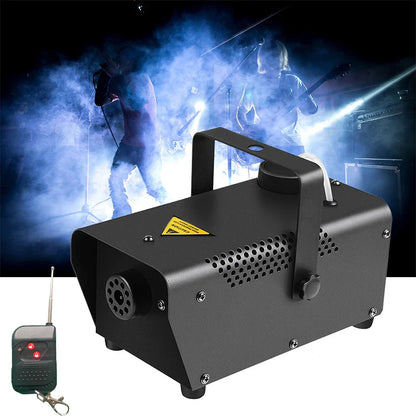 Black metal party automatic smoke machine with perforated panels and handle shown with remote control for fog machines disco use