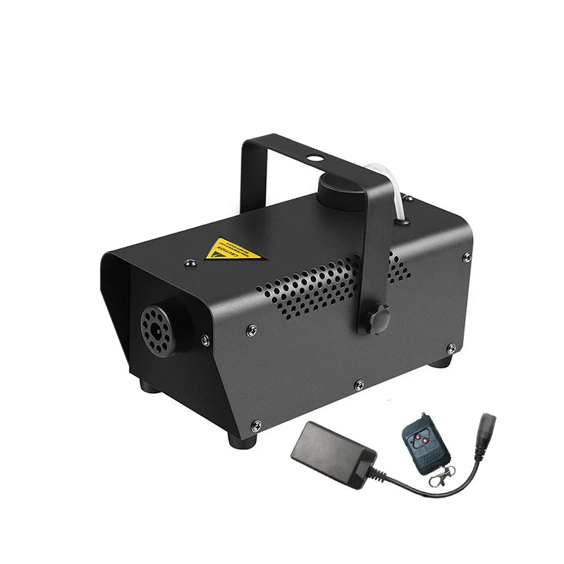 Black metal party automatic smoke machine with perforated panels, remote control, and power adapter for disco fog machines 400w mini