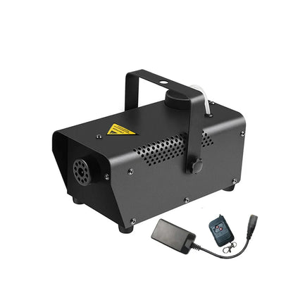 Black metal party automatic smoke machine with perforated panels, remote control, and power adapter for disco fog machines 400w mini