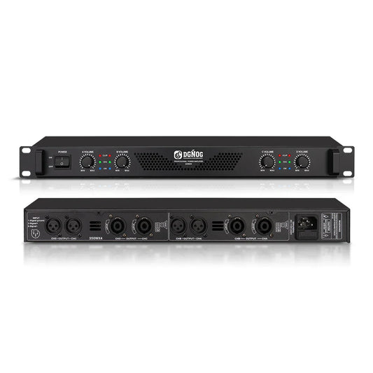 Black dcnoc 350wx4 professional 4 channel lightweight amplifier with volume knobs and xlr jacks for small stage performance karaoke