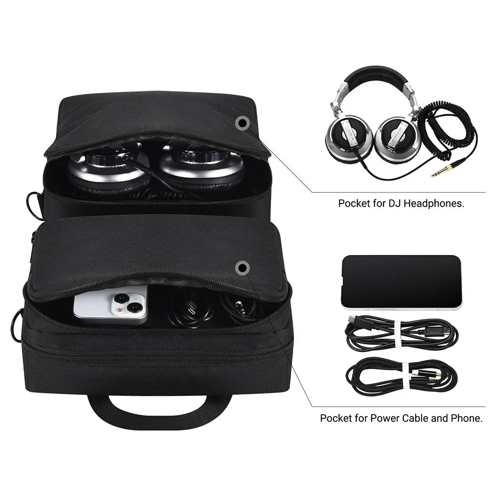 Black fabric dj carrying bag storage with multiple compartments for headphones phone and cables for hercules inpulse and pioneer ddj-200 ddj-wego4