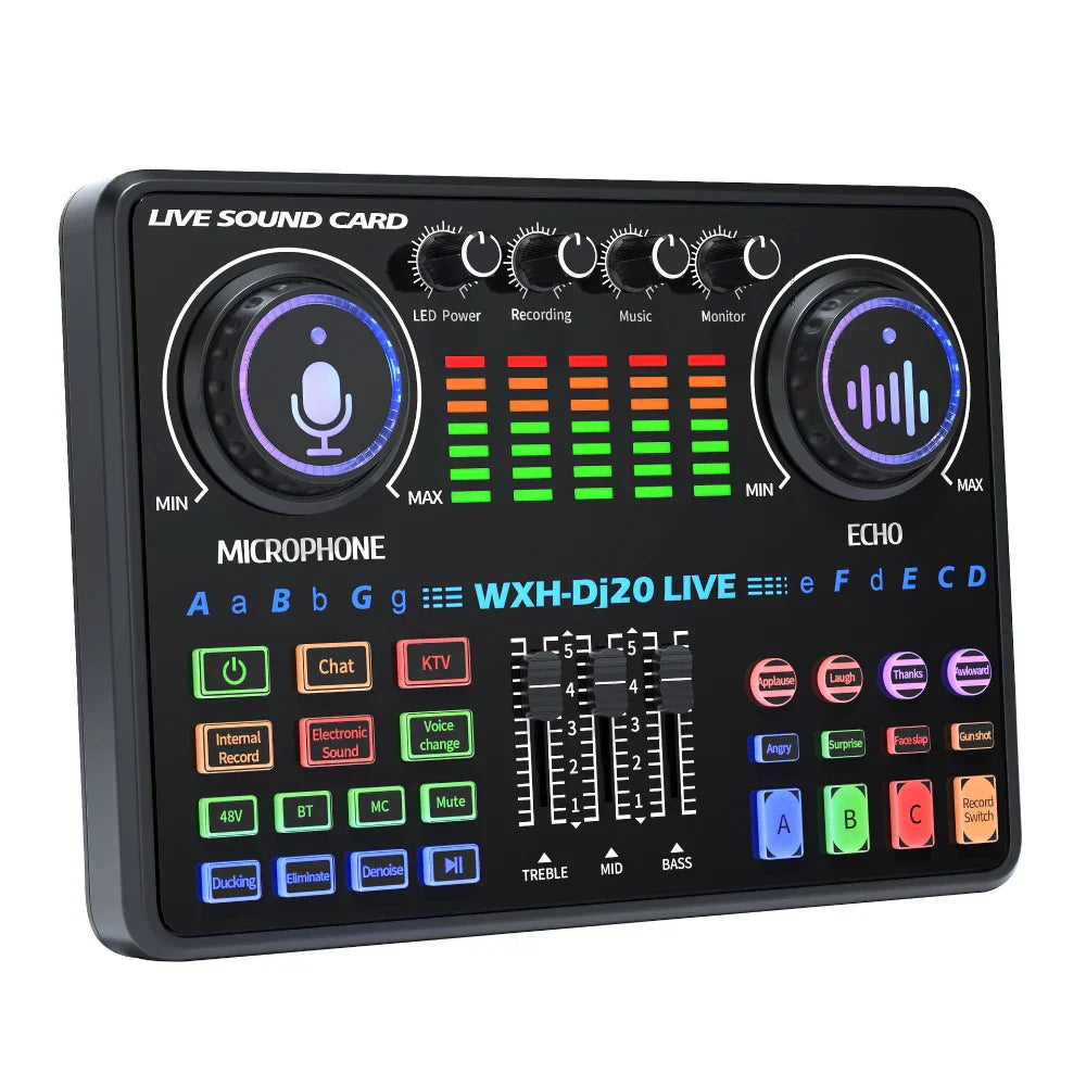 Black rectangular dj20 sound card with illuminated controls and led indicators for 48v microphone bm800 karaoke podcast recording