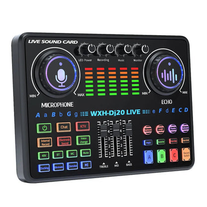 Black rectangular dj20 sound card with illuminated controls and led indicators for 48v microphone bm800 karaoke podcast recording