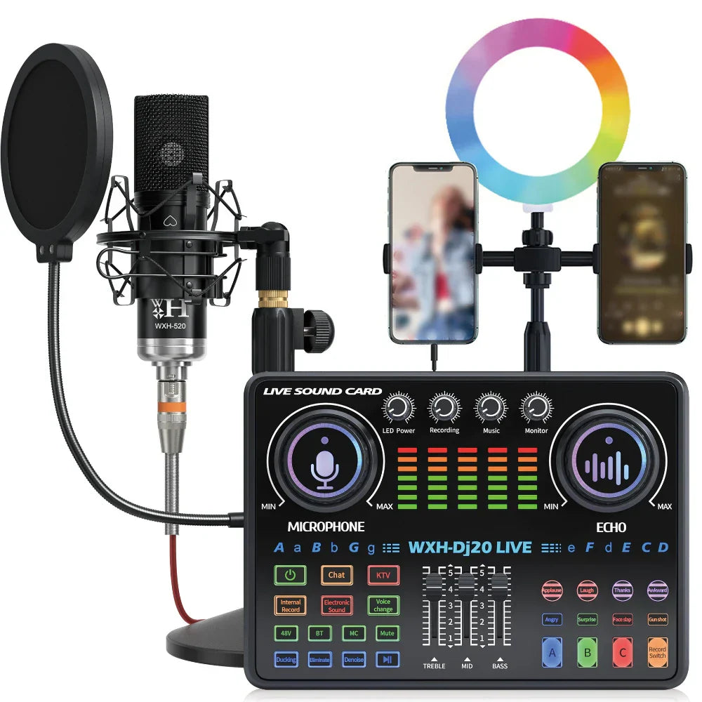 Black wixh-dj20 sound card with colorful led indicators and controls for 48v microphone bm800 in karaoke podcast recording and professional mixer singing