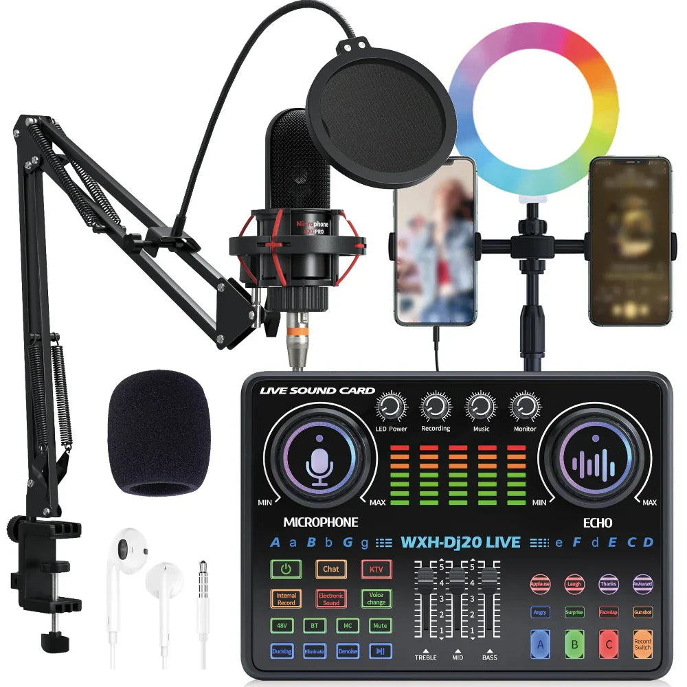 Black wxhr-dj20 live sound card with colorful led indicators and knobs for 48v microphone bm800 karaoke podcast recording