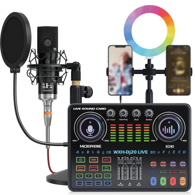 Black woxh-dj20 live sound card with colorful led indicators and multiple controls for 48v microphone bm800 karaoke podcast recording