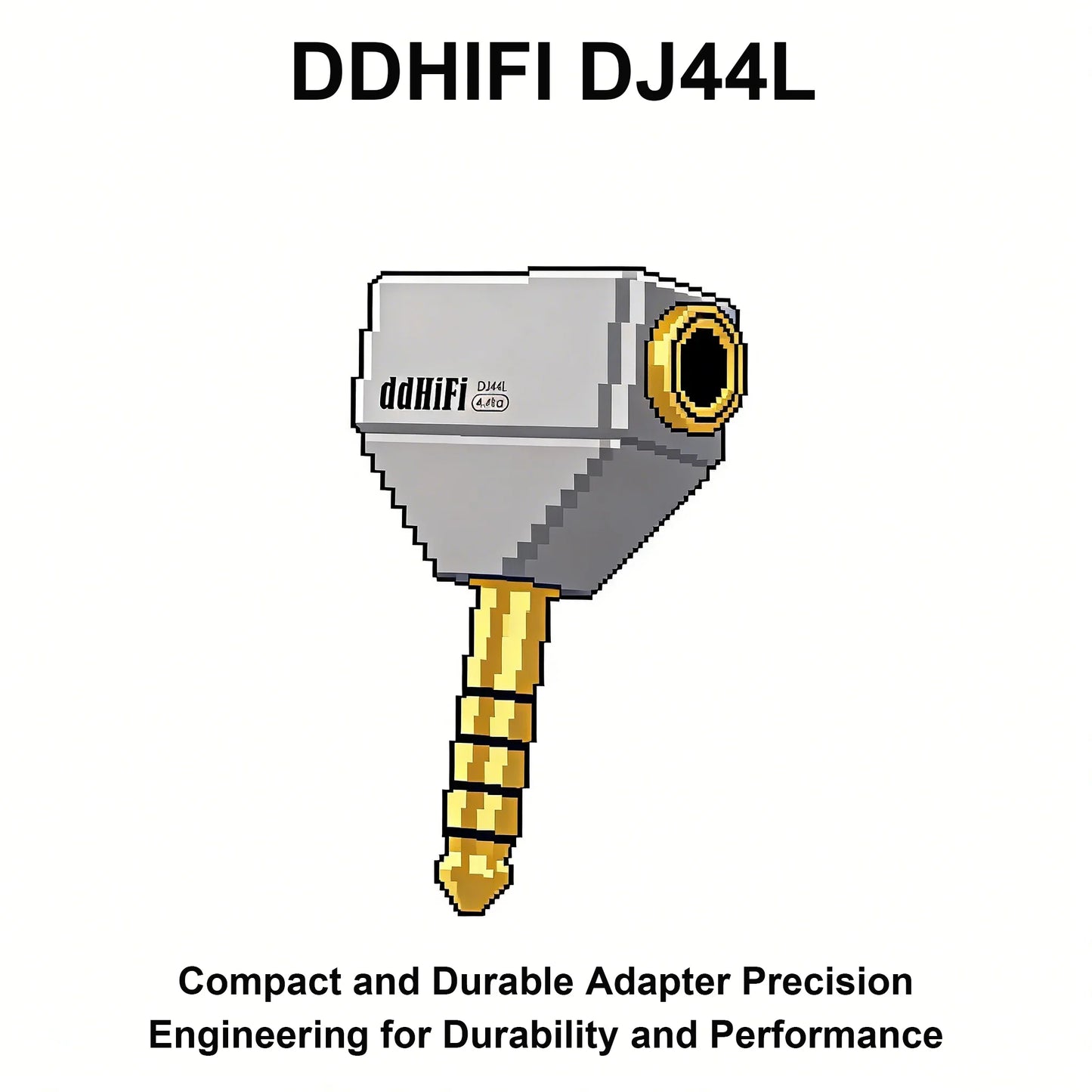 Silver and gold-colored ddhifi dj44l audio adapter with hammer-like design and full-metal one-piece construction for type beat music