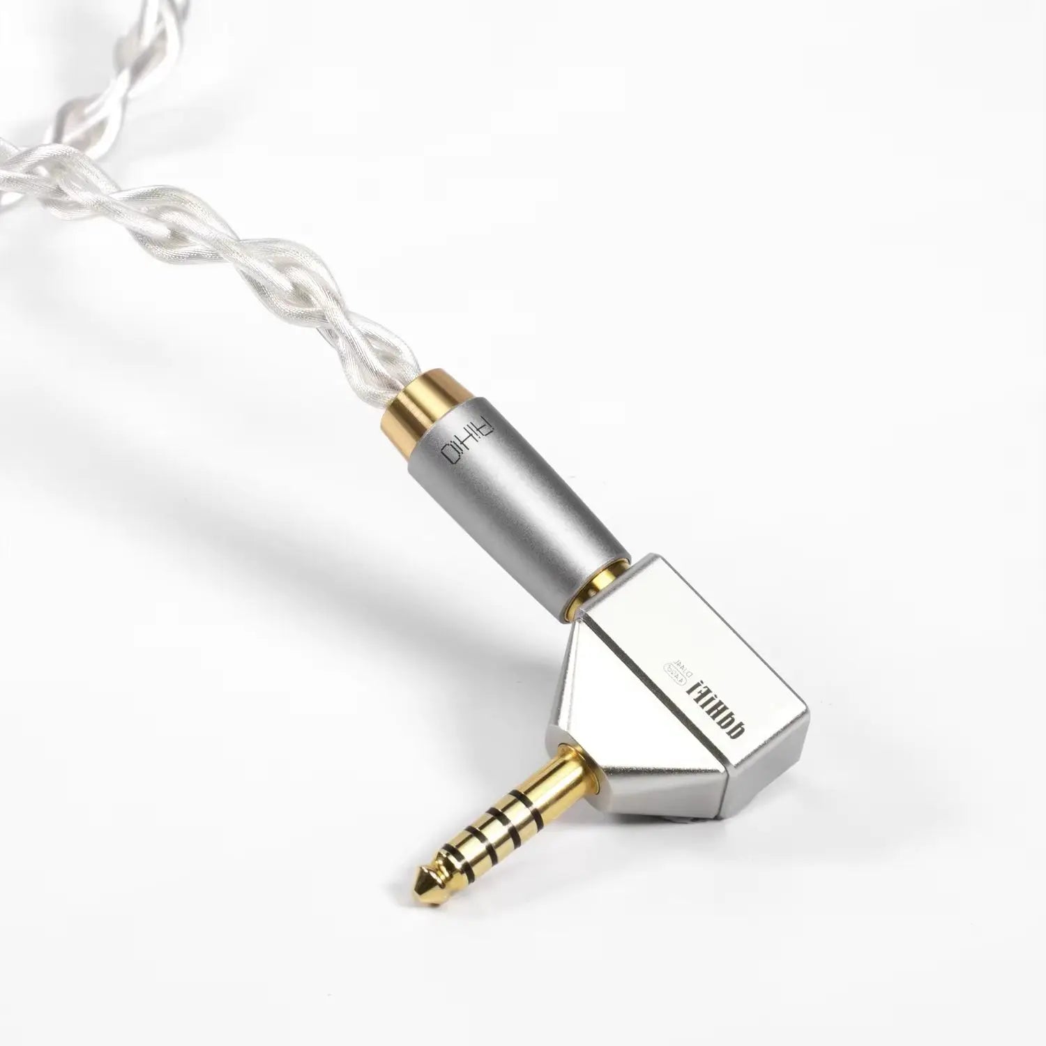 Dj44l silver and gold-plated ohm 3.5mm angled audio cable connector with braided white cord and one-piece construction