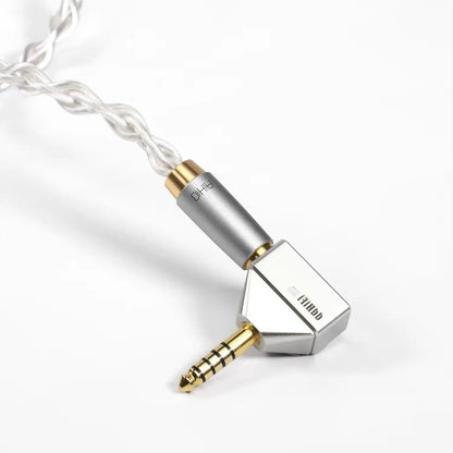 Dj44l silver and gold-plated ohm 3.5mm angled audio cable connector with braided white cord and one-piece construction
