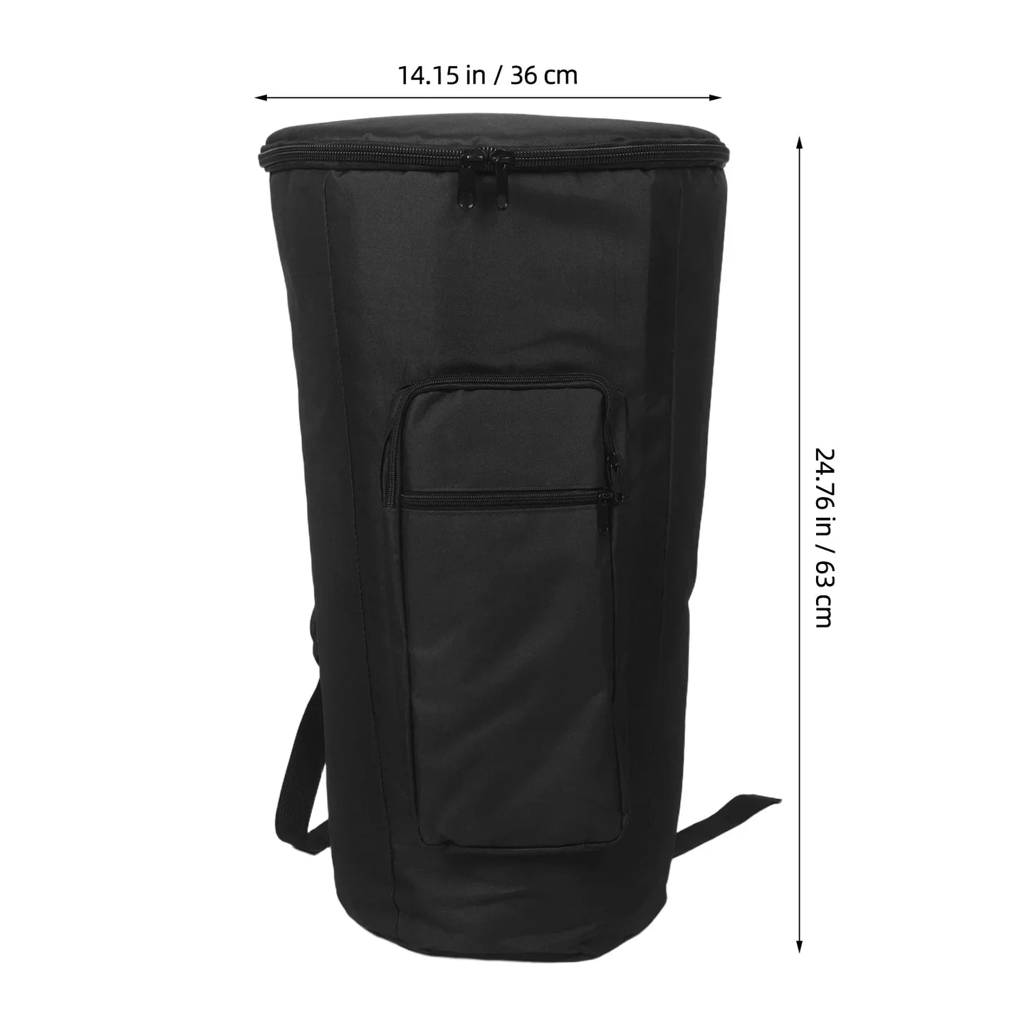 Black cylindrical djembe drum bag with front zippered pocket and adjustable straps for shock resistant outdoor travel