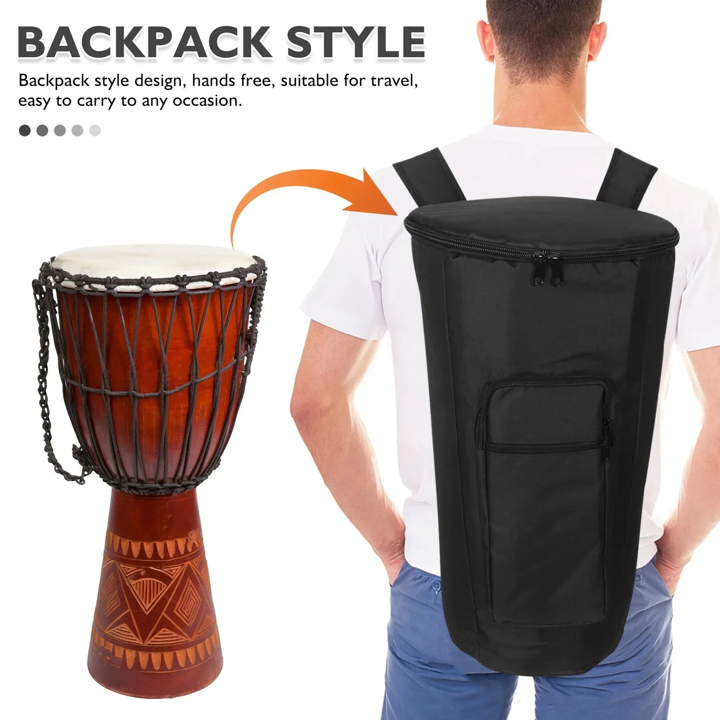 Black djembe drum bag with front pocket and zipper closure shock resistant outdoor performance travel case
