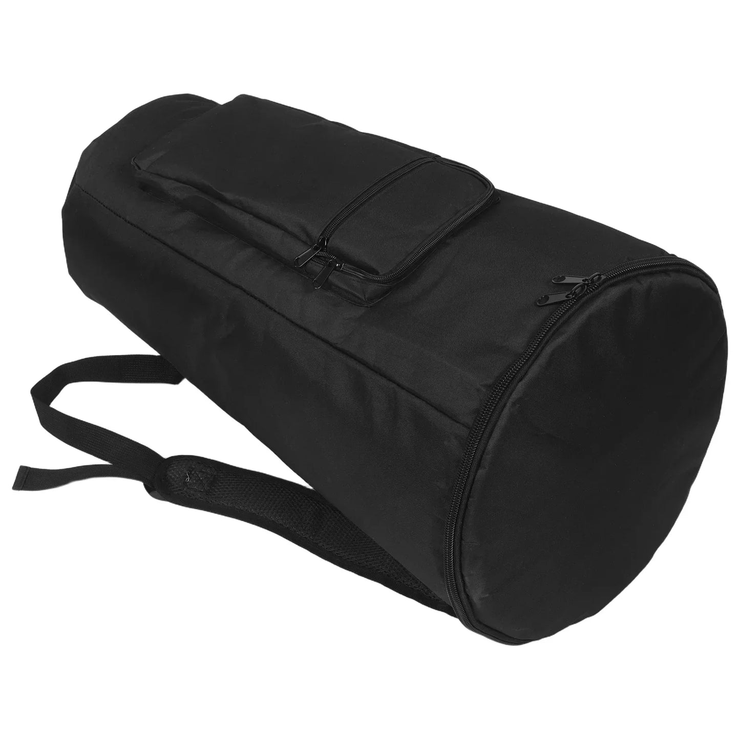 Black cylindrical djembe drum bag with waterproof padded carry, front zippered pocket, adjustable shoulder strap, shock resistant outdoor use