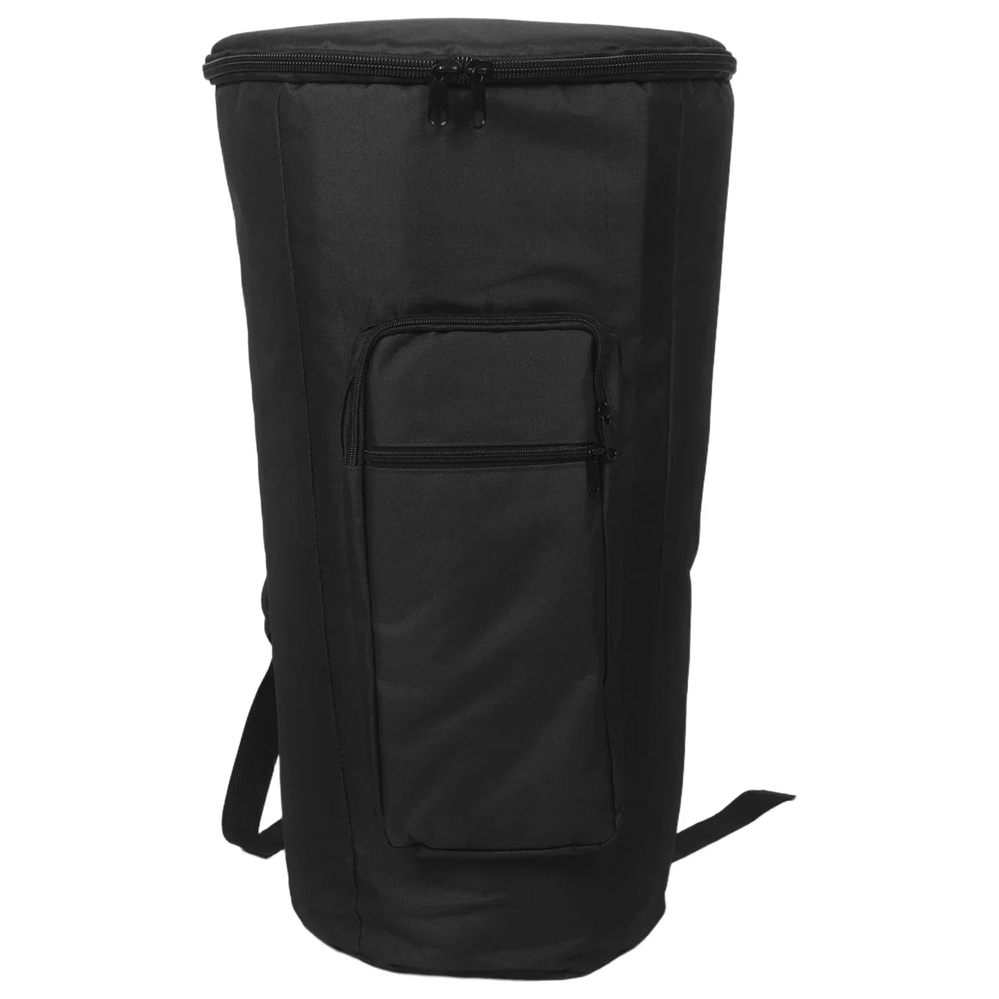 Black cylindrical djembe drum bag with front zippered pocket and adjustable straps for shock resistant outdoor travel