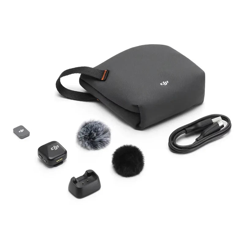 Black dji mic mini kit with fluffy windscreen covers and charging accessories for stable transmission original use