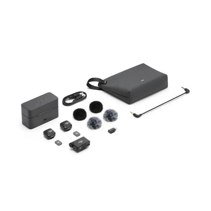 Black dji mic mini kit with foam wind covers charging case and connectors for small ultralight discreet stable transmission original