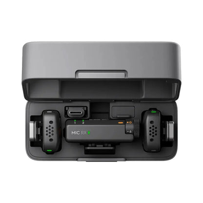 Black dji mic mini wireless microphone system with two transmitters and receiver in gray ultralight discreet charging case with stable transmission original