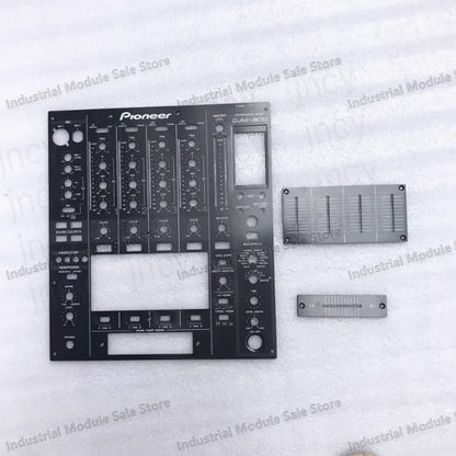 Black pioneer djm-900 professional audio mixer panel with silver trim and multiple controls in forpioneer panel set