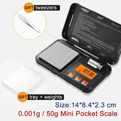 Black mini pocket scale with silver platform and orange digital display showing 107.30 grams for diamond tester gem selector tool