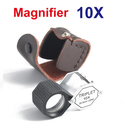 A compact 10x magnifier with black grip and silver frame in a brown case for djmax diamond tester and gemstone gem selector watcher tool led