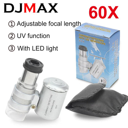 Silver metallic 60x currency detecting microscope with led light and adjustable focal length for diamond tester and watcher tool led use