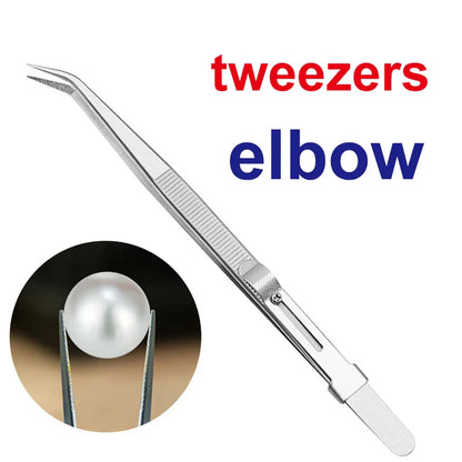 Silver precision tweezers with curved elbow joint and textured grip for delicate handling in diamond tester tool