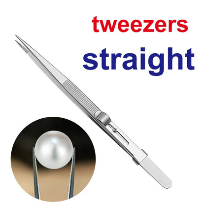 Straight stainless steel tweezers with textured grip holding a pearl for djmax watcher tool led diamond tester and gemstone selector