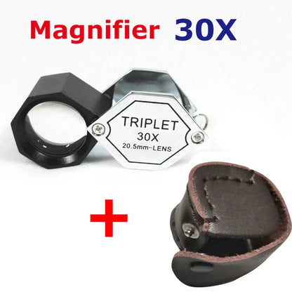 Black hexagonal magnifier with silver frame engraved triplet 30x and brown leather case for djmax diamond tester gem selector watcher tool led