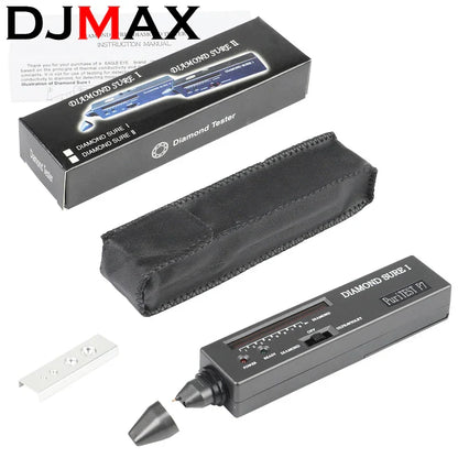 Black plastic diamond tester with pointed tip and labeled buttons for power bluelight diamond ultraviolet led indicator for gemstone gem selector watcher tool
