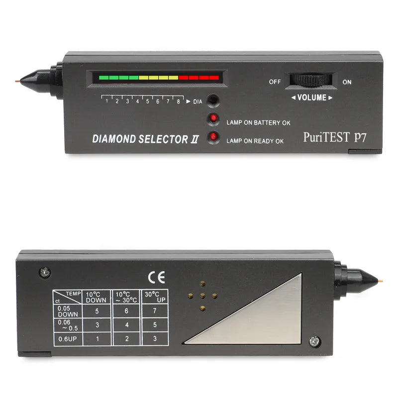 Black puritest p7 diamond tester ii handheld gemstone gem selector with color-coded led display and temperature calibration chart