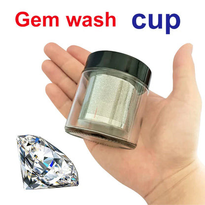 Clear plastic gem wash cup with black lid and silver mesh filter for Djmax professional diamond tester and gemstone gem selector watcher tool led