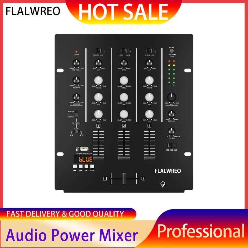 Black flalwreo dm4 professional 3-channel metal dj mixer with knobs sliders and blue digital display for concert music control