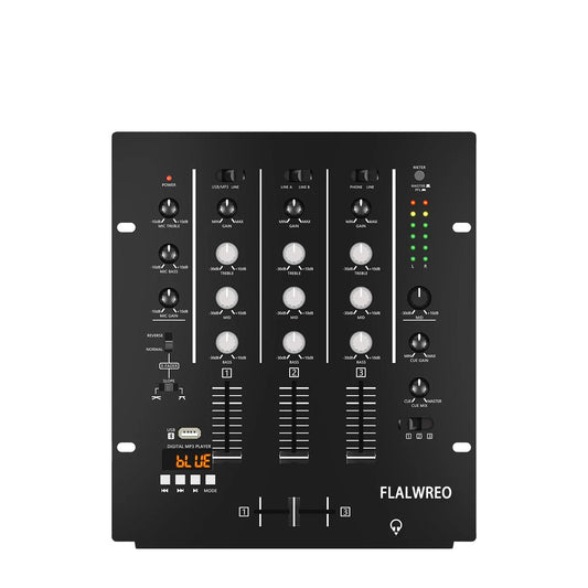 Black dm4 professional 3-channel metal dj mixer console with white knobs sliders and led indicators for bar party concert music control