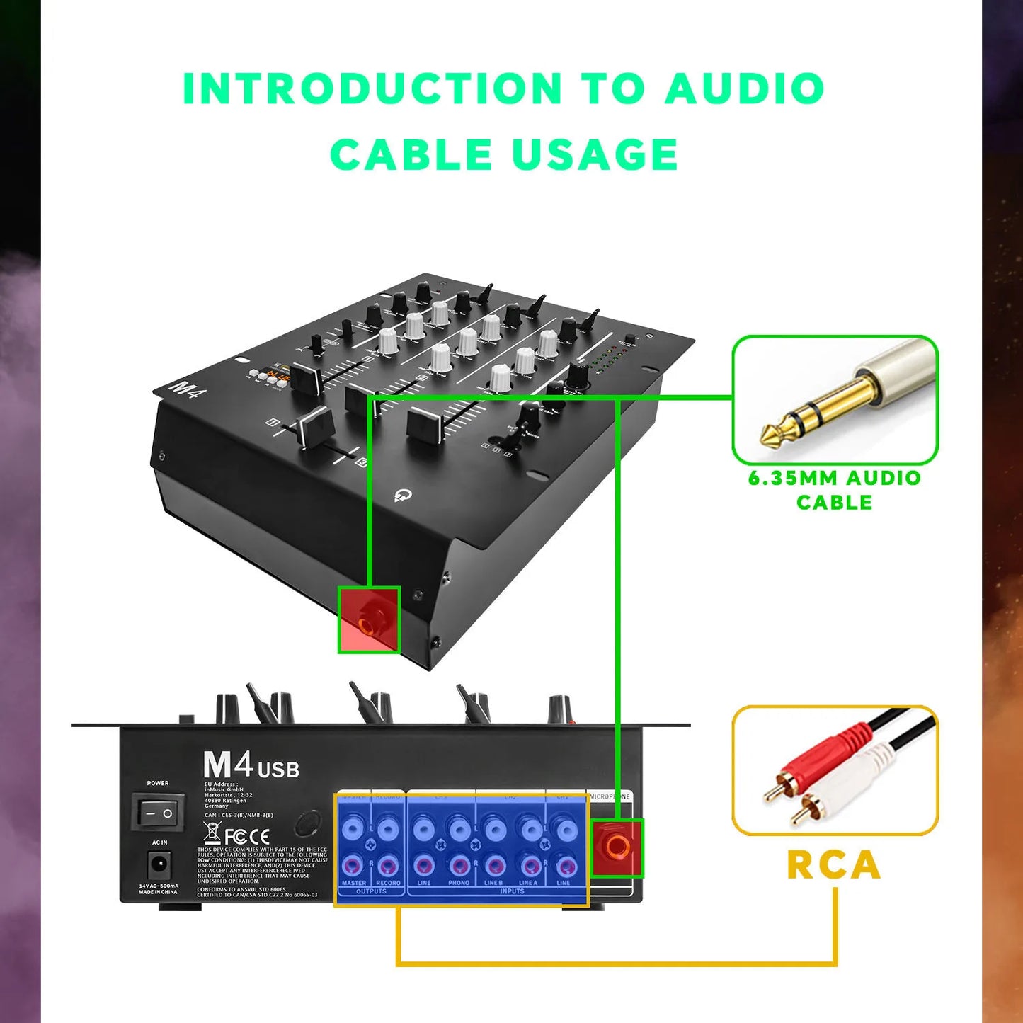 Black dm4 professional m4usb audio mixer with metal body and multiple knobs for concert music control and bar party use