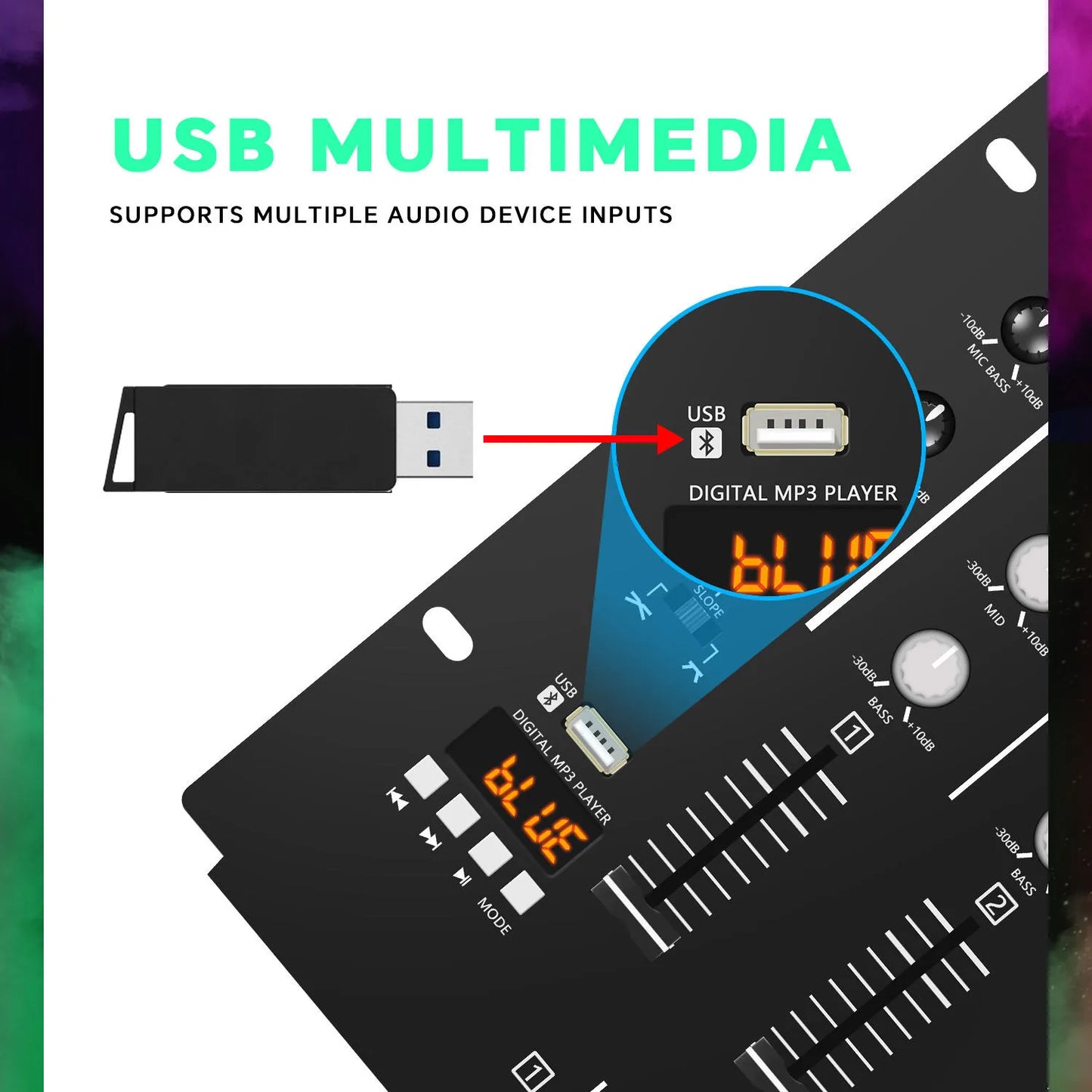 Black dm4 professional usb multimedia audio interface with multiple input ports and digital display for concert music control