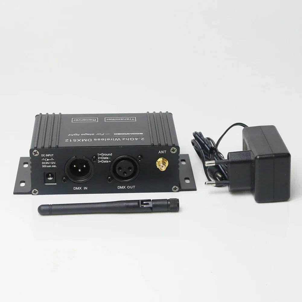 Black rectangular 2.4ghz wireless controller receiver with transmitter lcd display xlr connectors and external antenna for disco dj party