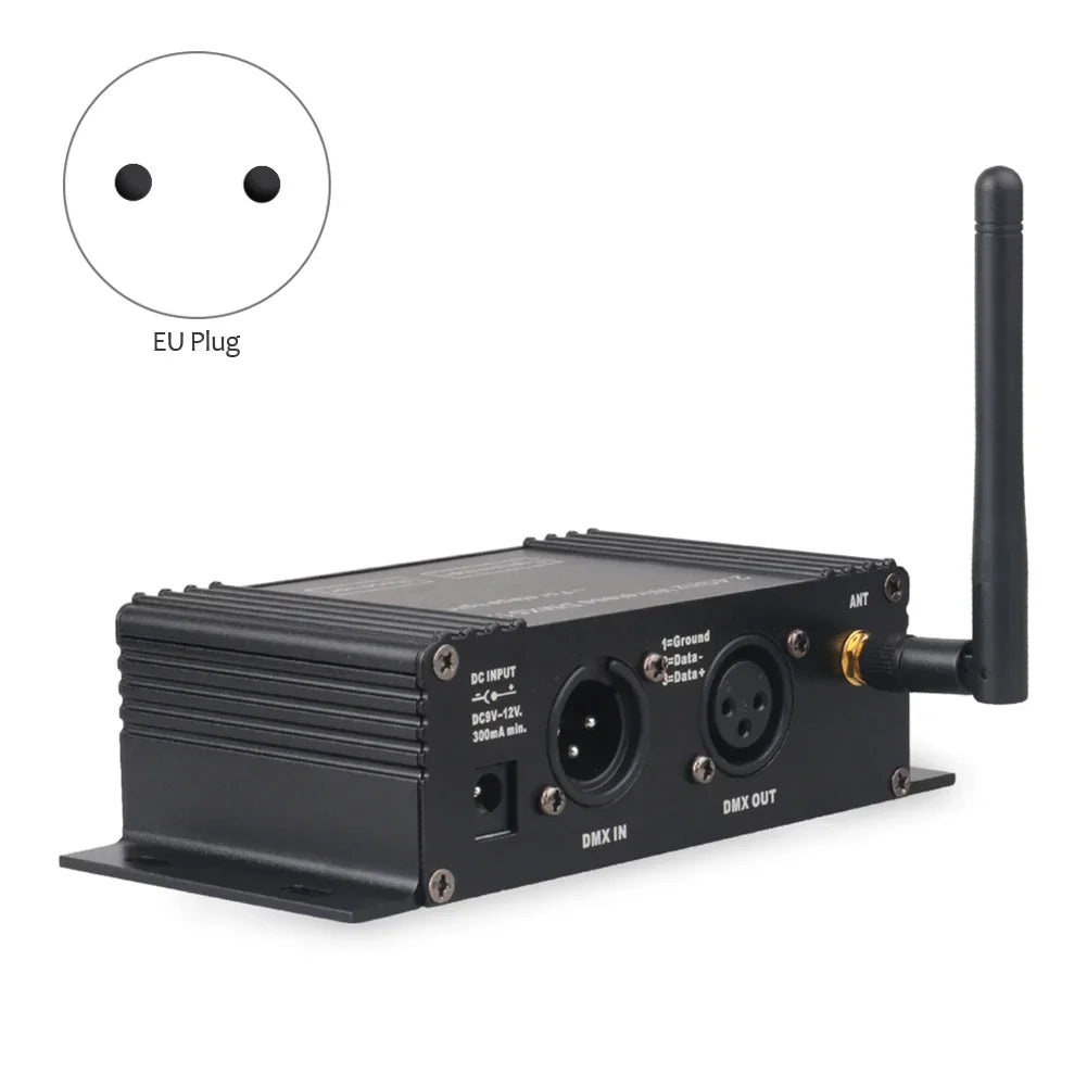 Black metal dmx 512 wireless controller receiver with telescopic antenna and labeled input output ports for disco dj party use