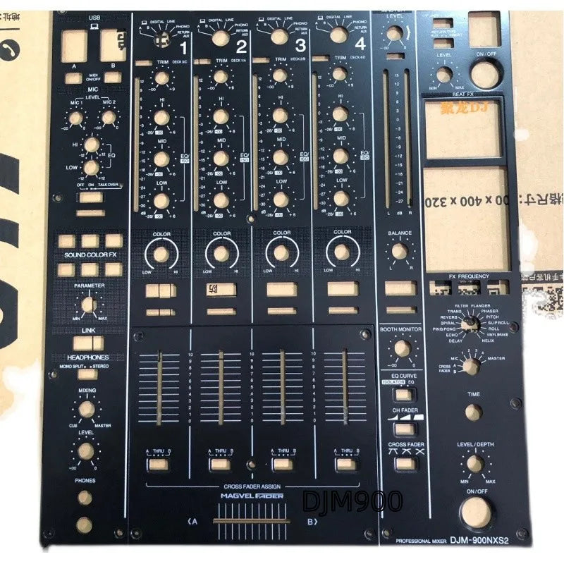 Black dj mixer panel with gold knobs labeled djm-900nxs2 dah2830 main plate panel forpioneer 900c djm900srt use