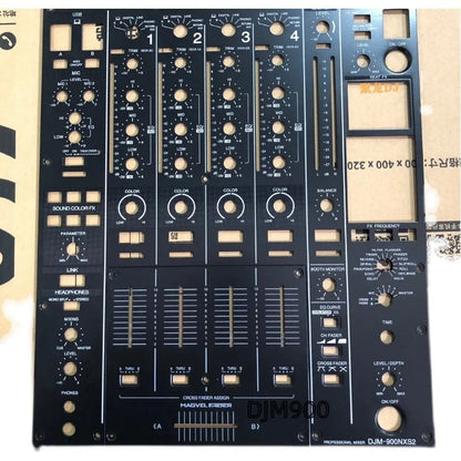 Black dj mixer panel with gold knobs labeled djm-900nxs2 dah2830 main plate plate panel forpioneer 900c djm900srt