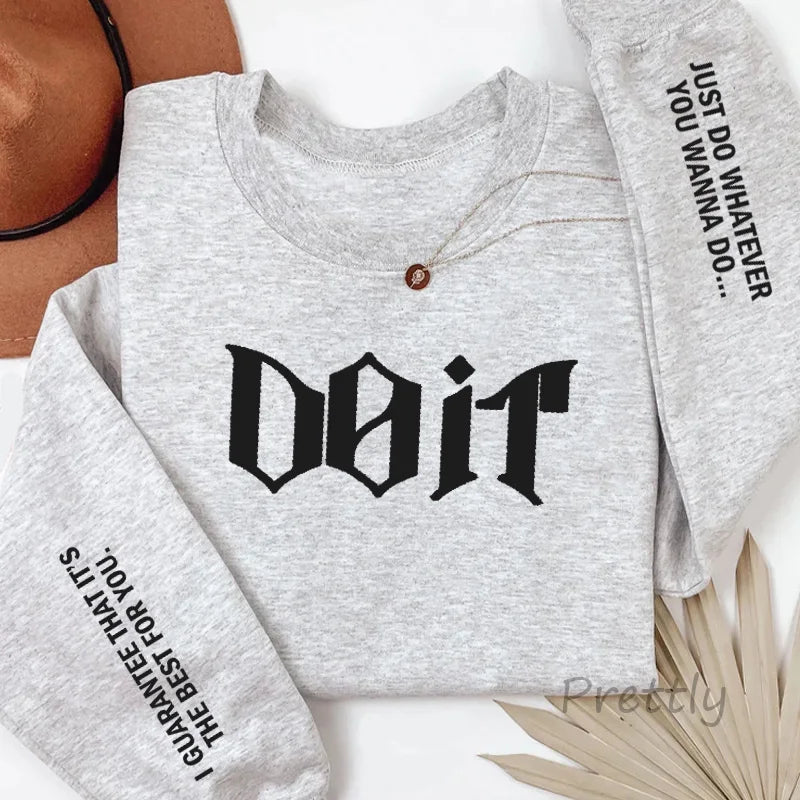 Gray heather crewneck sweatshirt women featuring black gothic dbit lettering, ideal pink kpop fan skz sweatshirts pullover