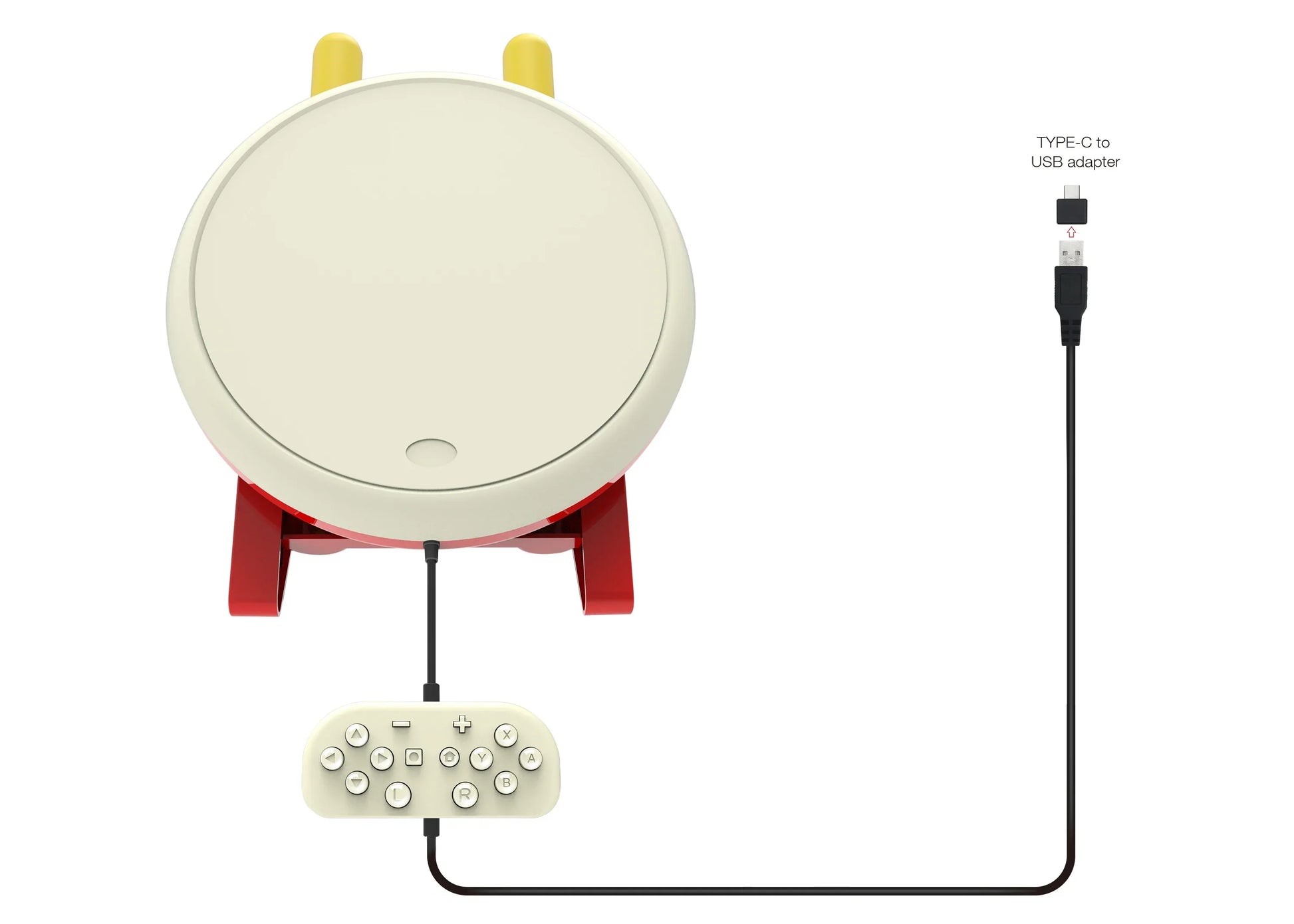 Cream-colored dobe tns-1867d drum with red stand and yellow horns connected to control pad for switch console taiko tatsujin master video