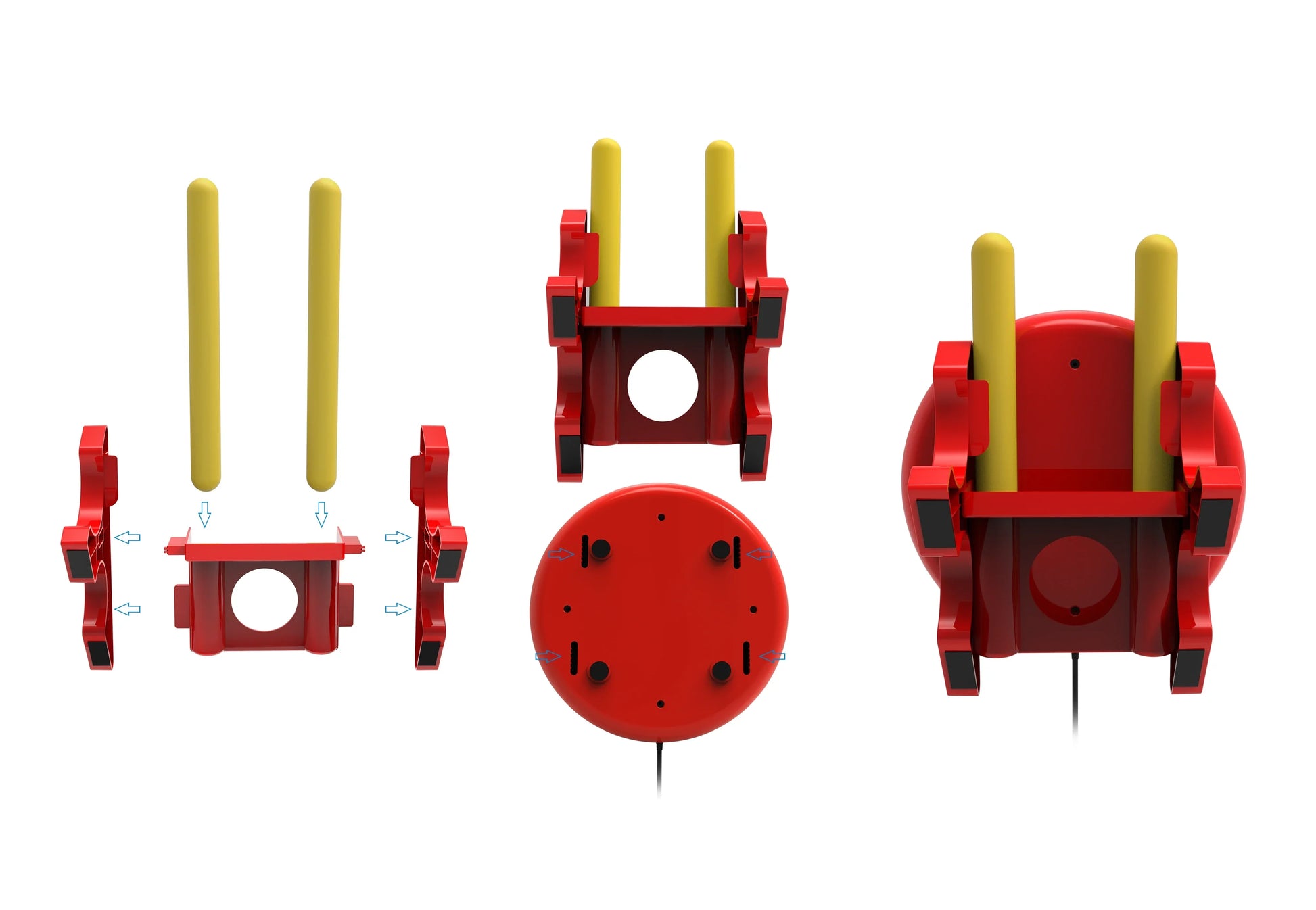 Red plastic toy robot with yellow cylindrical arms and black feet shown with dobe tns-1867d drum for switch console taiko tatsujin master video