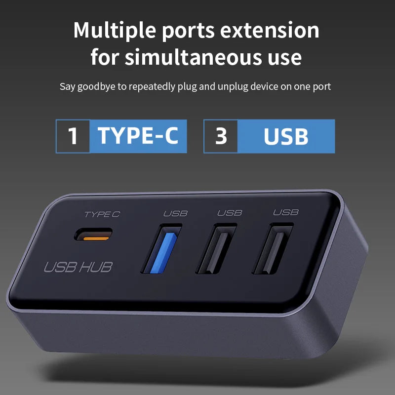 Black plastic docking station usb hub with one type-c and three standard usb ports for model y glovebox dashcam flash drive use