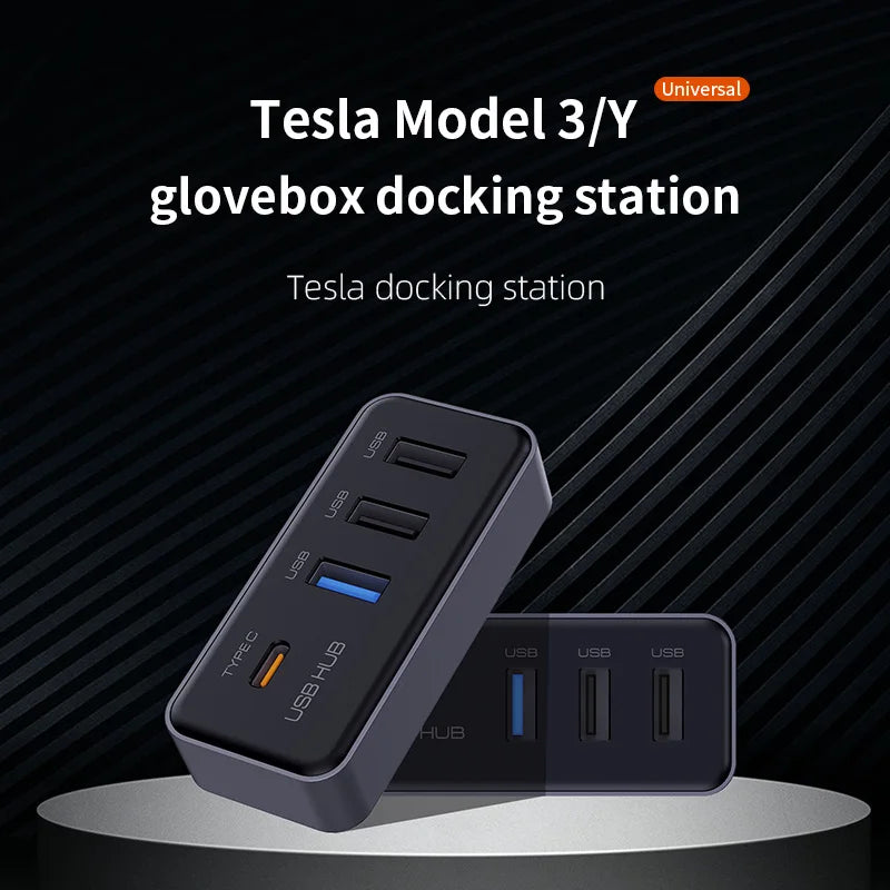 Black plastic docking station usb hub with type-c and three usb ports for model y glovebox dashcam flash drive use