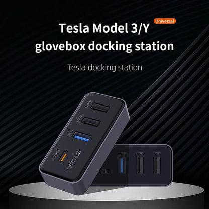 Black plastic docking station usb hub with type-c and three usb ports for model y glovebox dashcam flash drive use