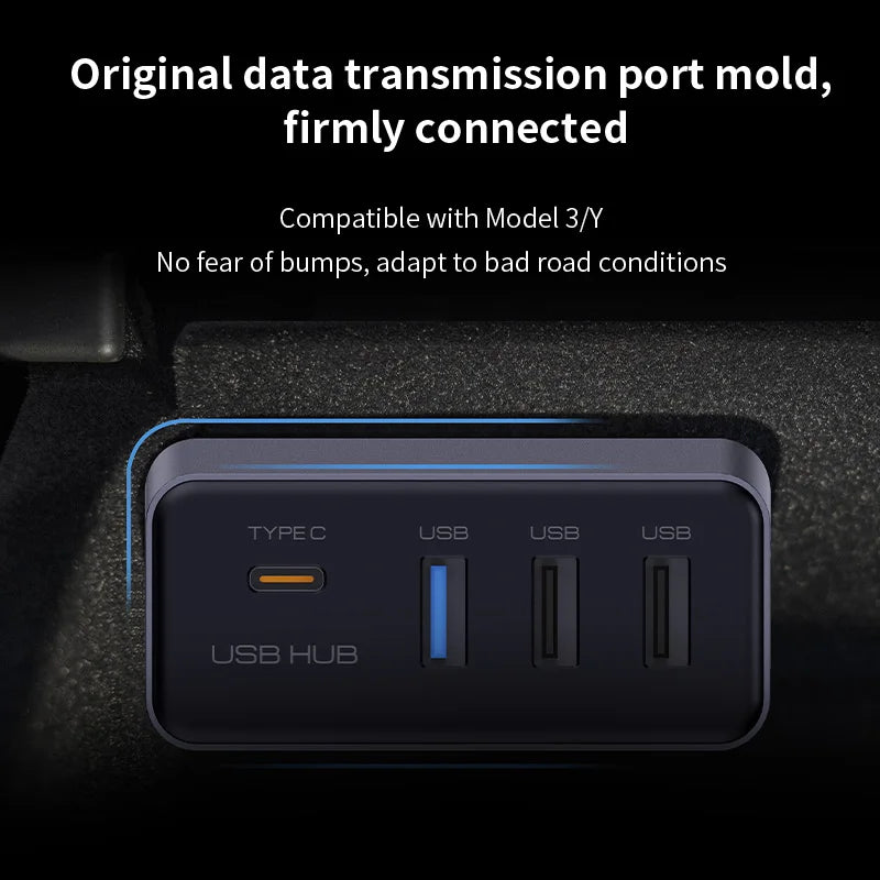Black rectangular docking station usb hub with type-c and three usb ports blue led indicators for model y glovebox dashcam flash drive