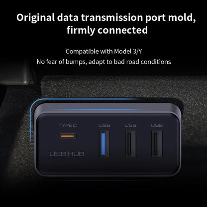Black rectangular docking station usb hub with type-c and three usb ports blue led indicators for model y glovebox dashcam flash drive