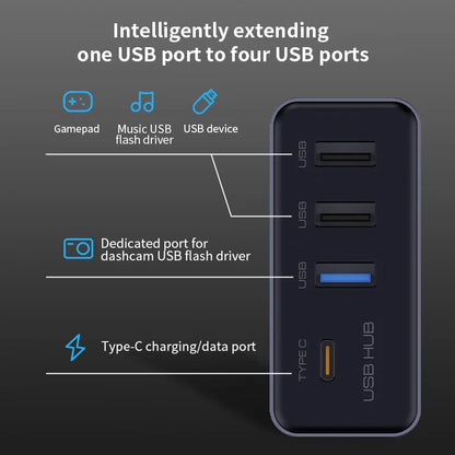 Black rectangular docking station usb hub with four ports for model y glovebox including dashcam flash drive port