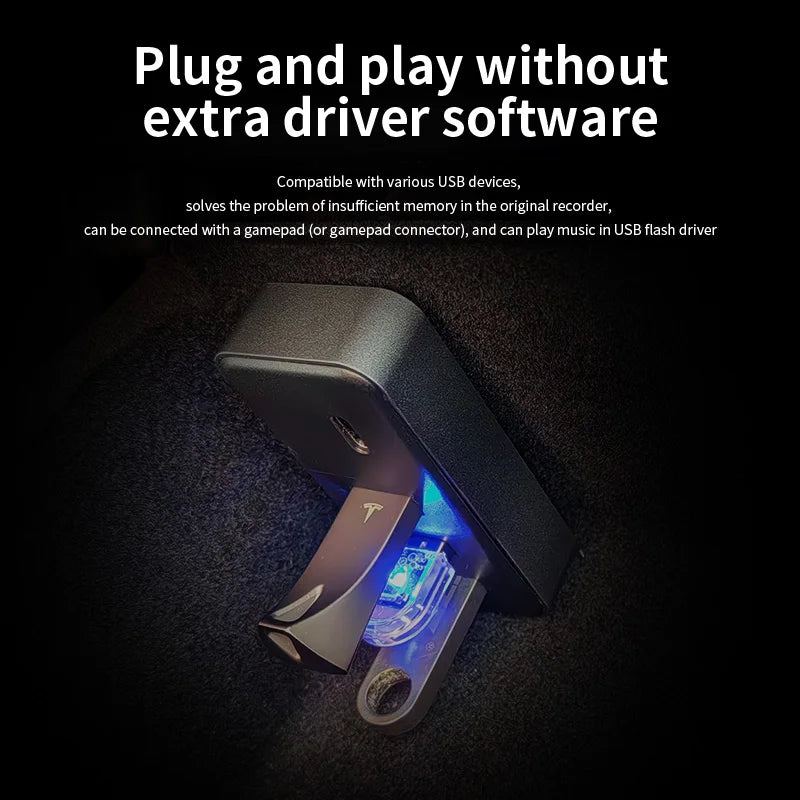 Black rectangular docking station usb hub with illuminated blue circuitry for model y glovebox dashcam flash drive use