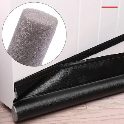 Black faux leather door draft stopper with gray foam core for sound-proof door strip gap blocker and weather seal