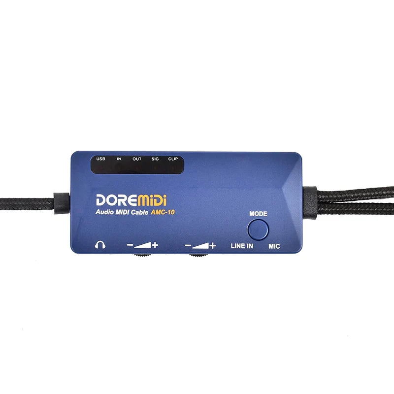 Blue doremidi audio midi cable usb amc-10 converter with black braided cables and labeled sound card midi ports